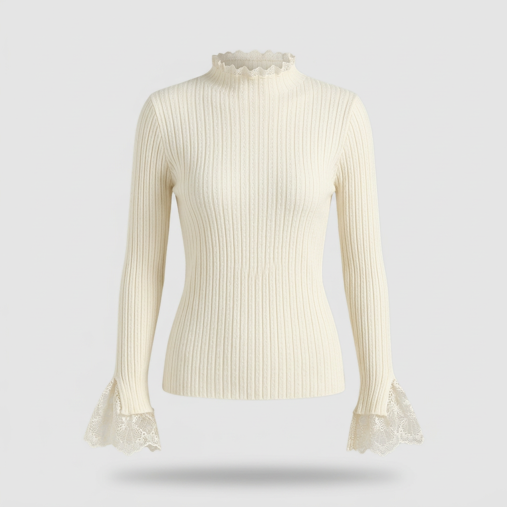 Blythe Lace-Cuff Rib Sweater - Cream - front