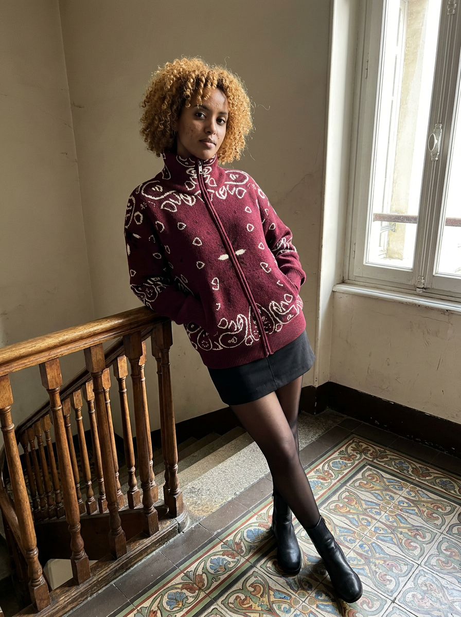 Sienna Bandana Knit Zip Cardigan – how it looks worn