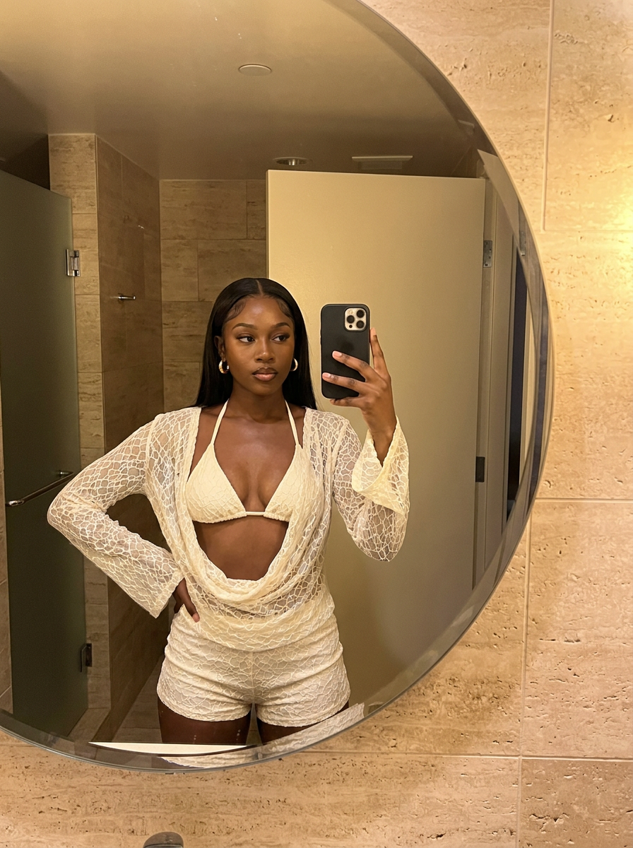 Solene Sheer Lace Three-Piece Set – how it looks worn