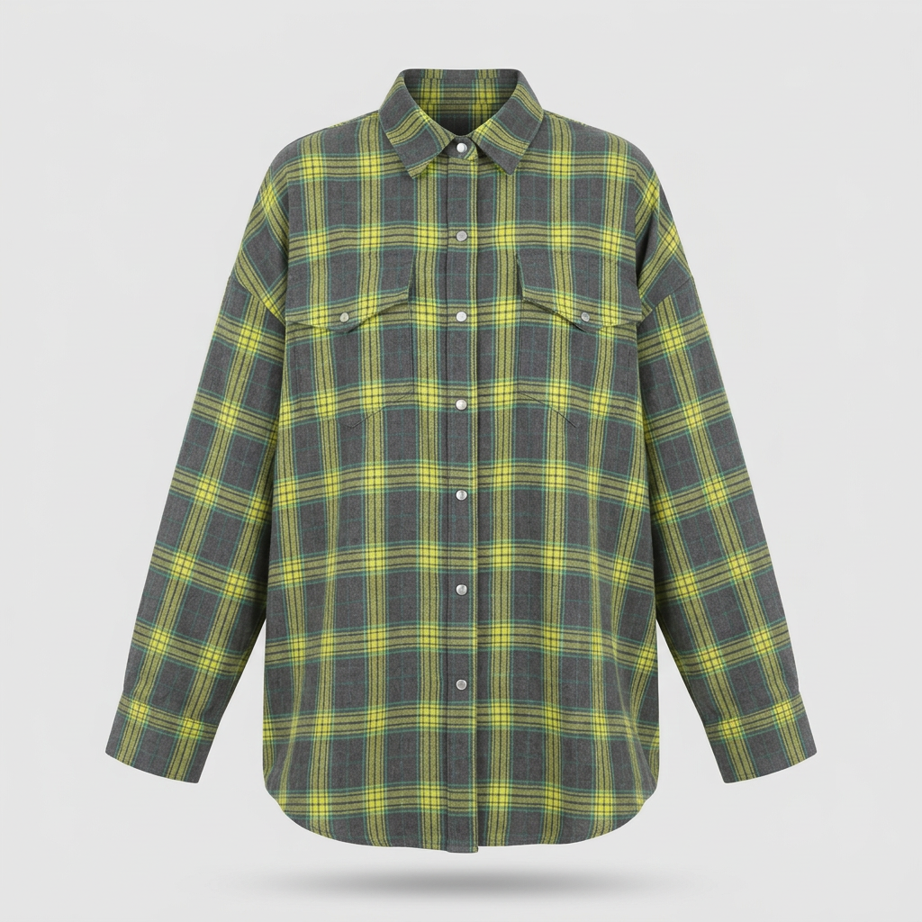 Frankie Oversized Plaid Flannel Shirt - Lime Plaid - front