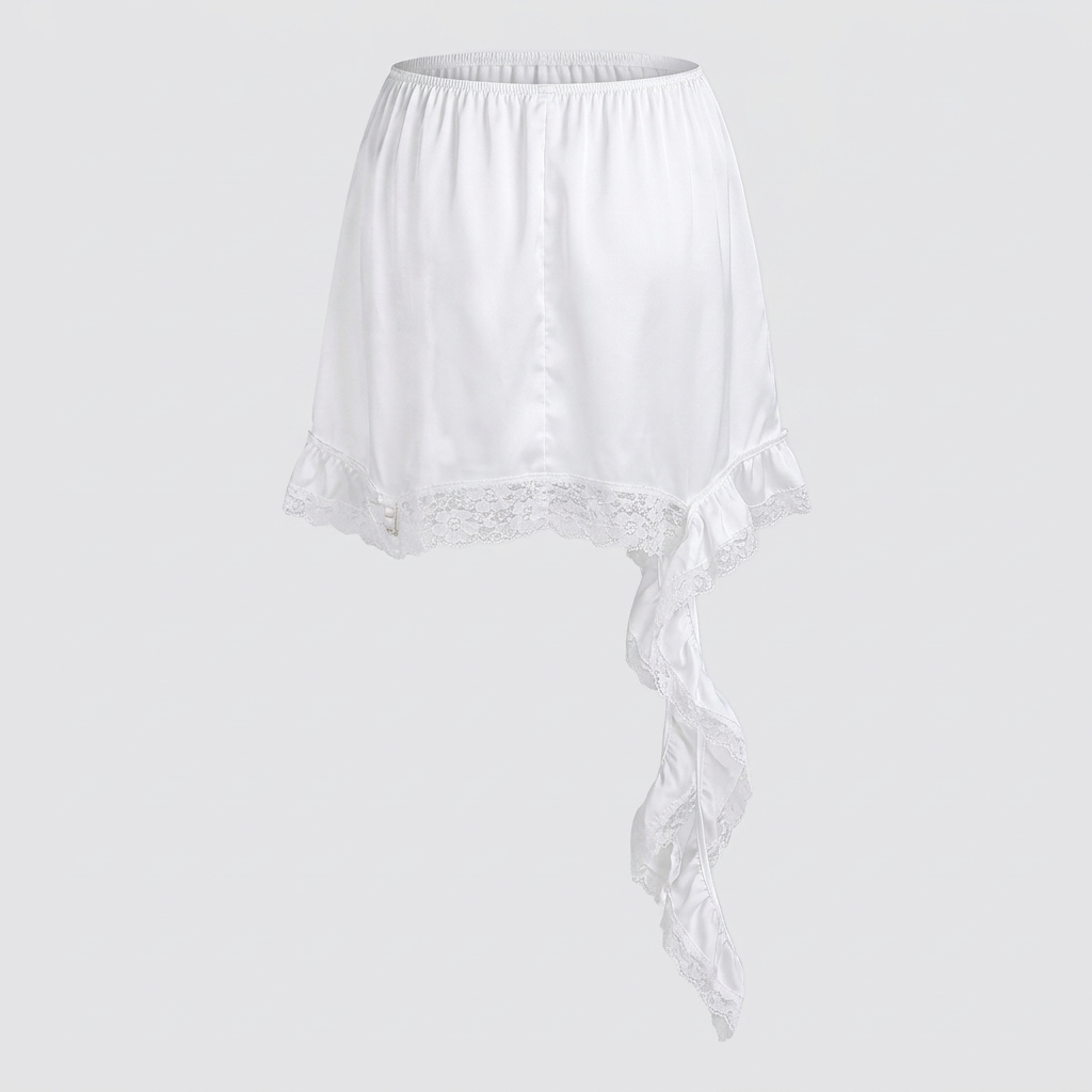 Giselle Lace-Hem Satin Mini Skirt - White - back