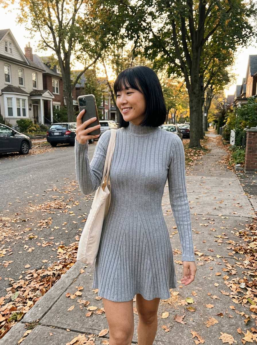 Sloane Ribbed Mock-Neck Skater Dress – how it looks worn