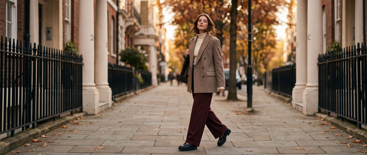 Woman in a taupe double-breasted blazer and burgundy wide-leg trousers walking down an autumn city street