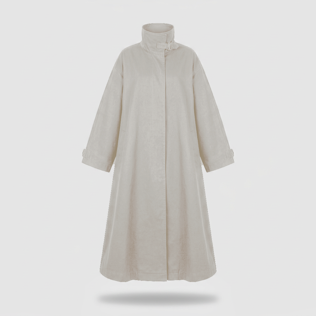 Hollis Stand-Collar Maxi Trench Coat - Stone Grey - front