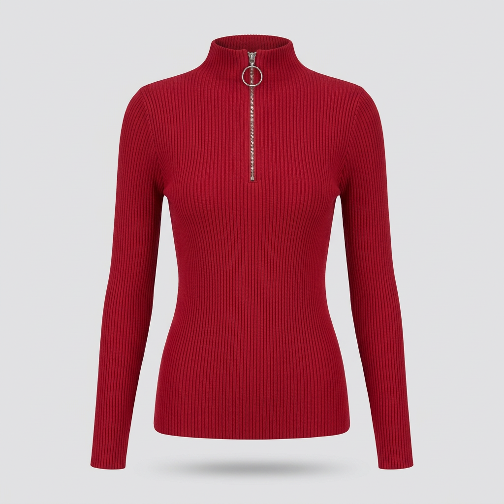 Ivy Ribbed Half-Zip Sweater - Red - front