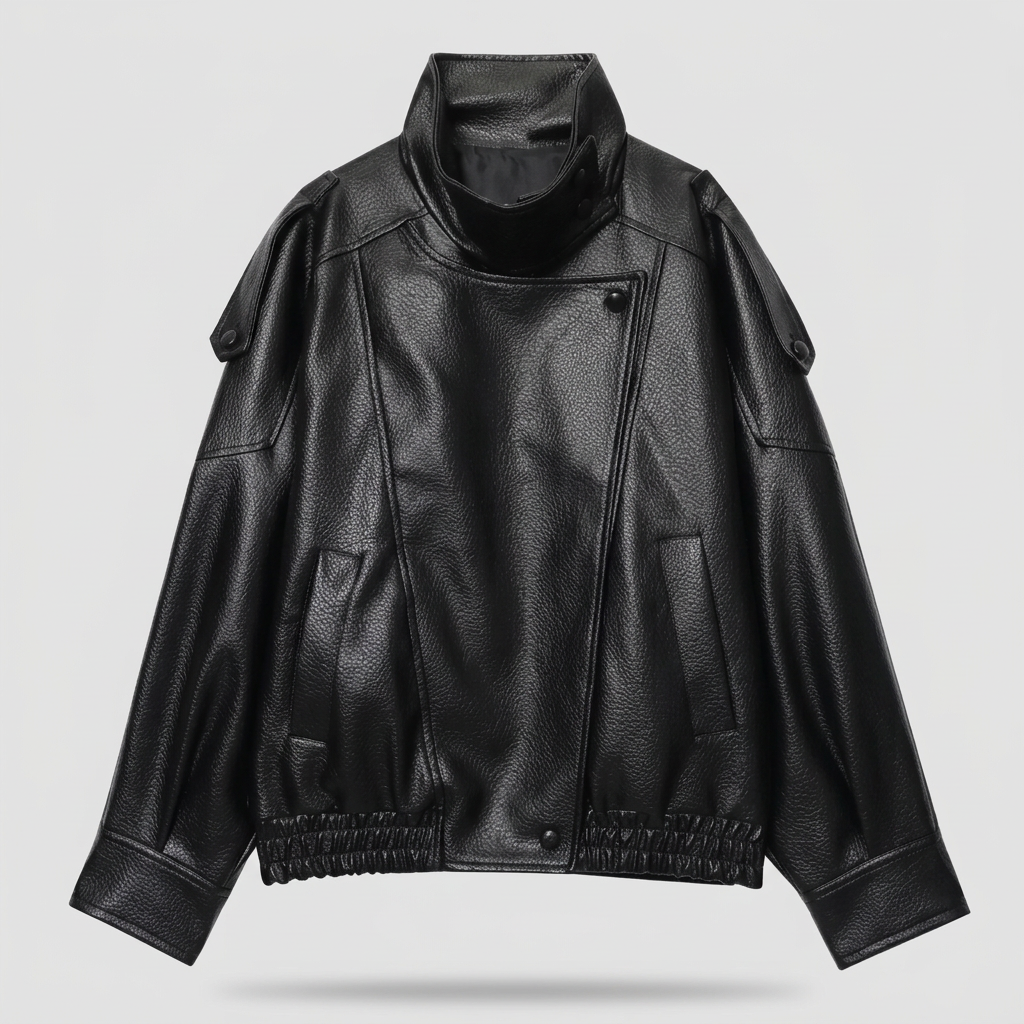 Juno Oversized Faux Leather Jacket - Black - front