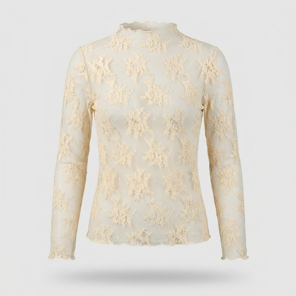 Liora Sheer Lace Mock-Neck Top - Cream - front