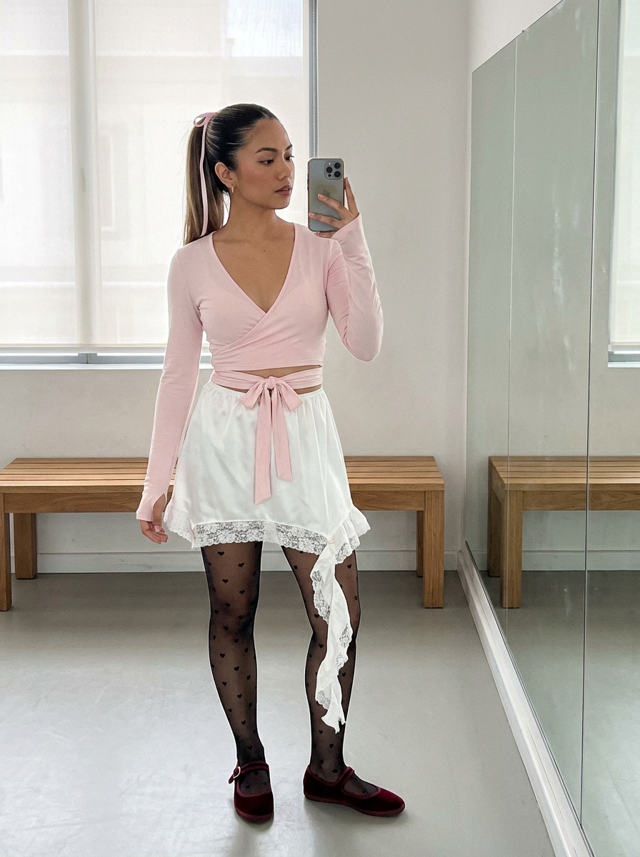 Shop the Look - Ballet Core - Clara Ballet Wrap Top, Giselle Lace-Hem Satin Mini Skirt, Lulu Heart Sheer Tights, Romy Velvet Mary Jane Flats
