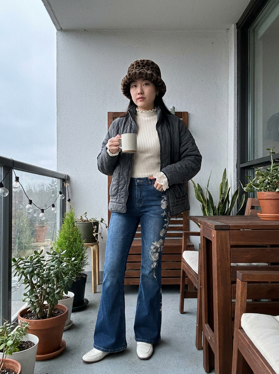 Shop the Look - Cosy Knit - Tamsin Quilted Liner Jacket, Blythe Lace-Cuff Rib Sweater, Delphine Rose Flare Jeans, Anouk Leopard Faux Fur Hat