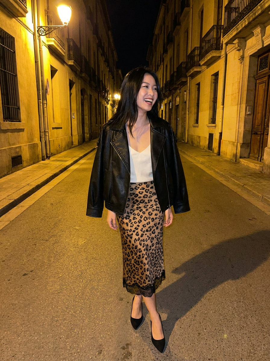 Shop the Look - Night Out - Juno Oversized Faux Leather Jacket, Celeste Satin Cami Top, Savarra Leopard Skirt