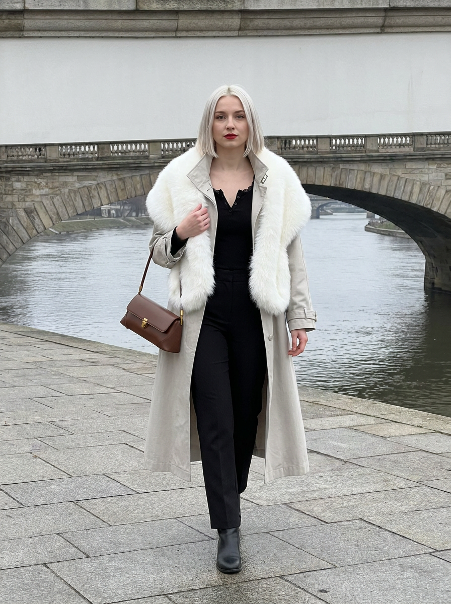 Shop the Look - Parisian Winter - Hollis Stand-Collar Maxi Trench Coat, Esme Faux Fur Stole, Lottie Lace-Trim Henley Top, Velmora Baguette Bag