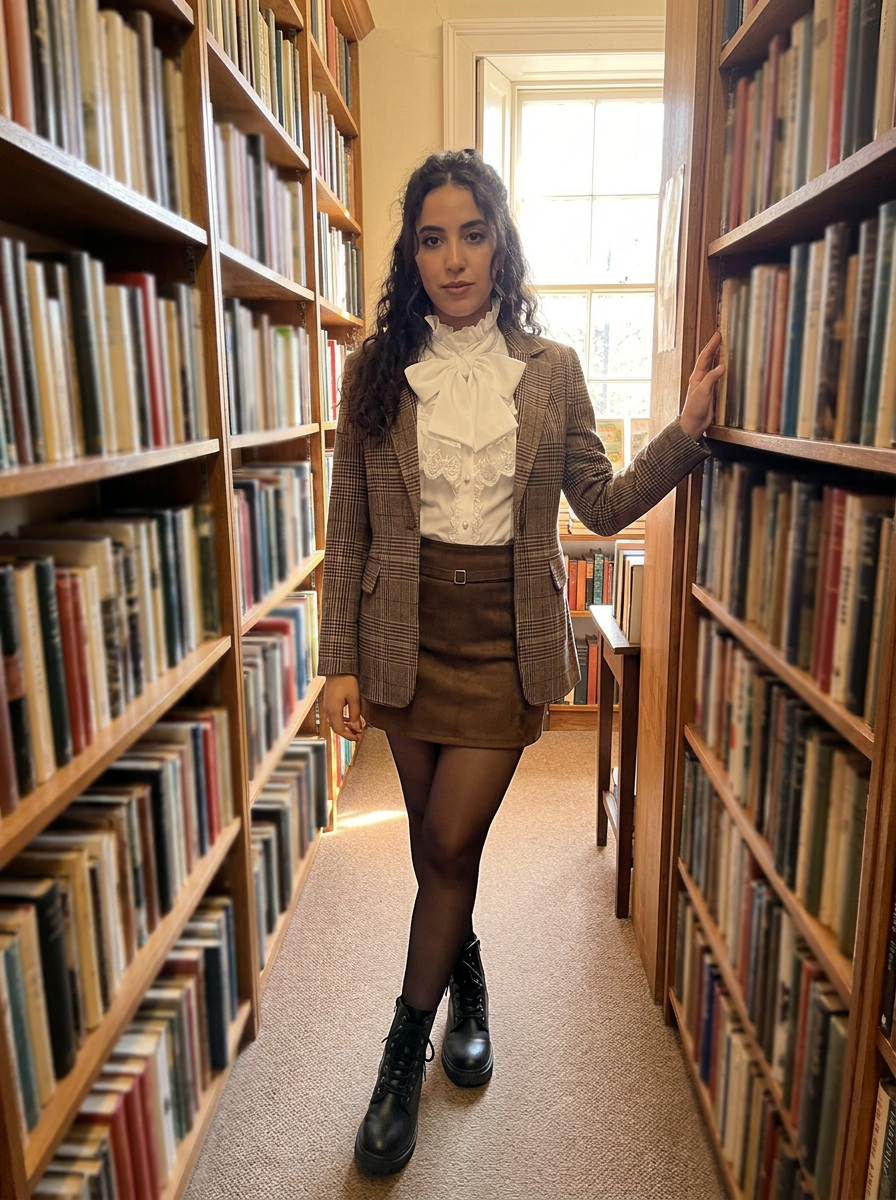 Shop the Look - Poet Romance - Adeline Ruffle Poet Blouse, Imogen Check Blazer, Bronwyn Suede Mini Skirt, Marlowe Chunky Chelsea Boots