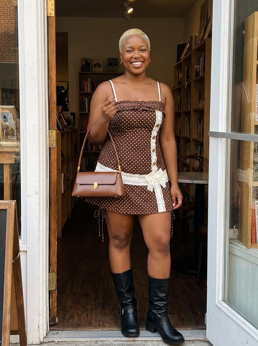 Shop the Look - Feminine City Dress - Coralie Polka Dot Mini Dress, Ravenna Biker Boots, Velmora Baguette Bag