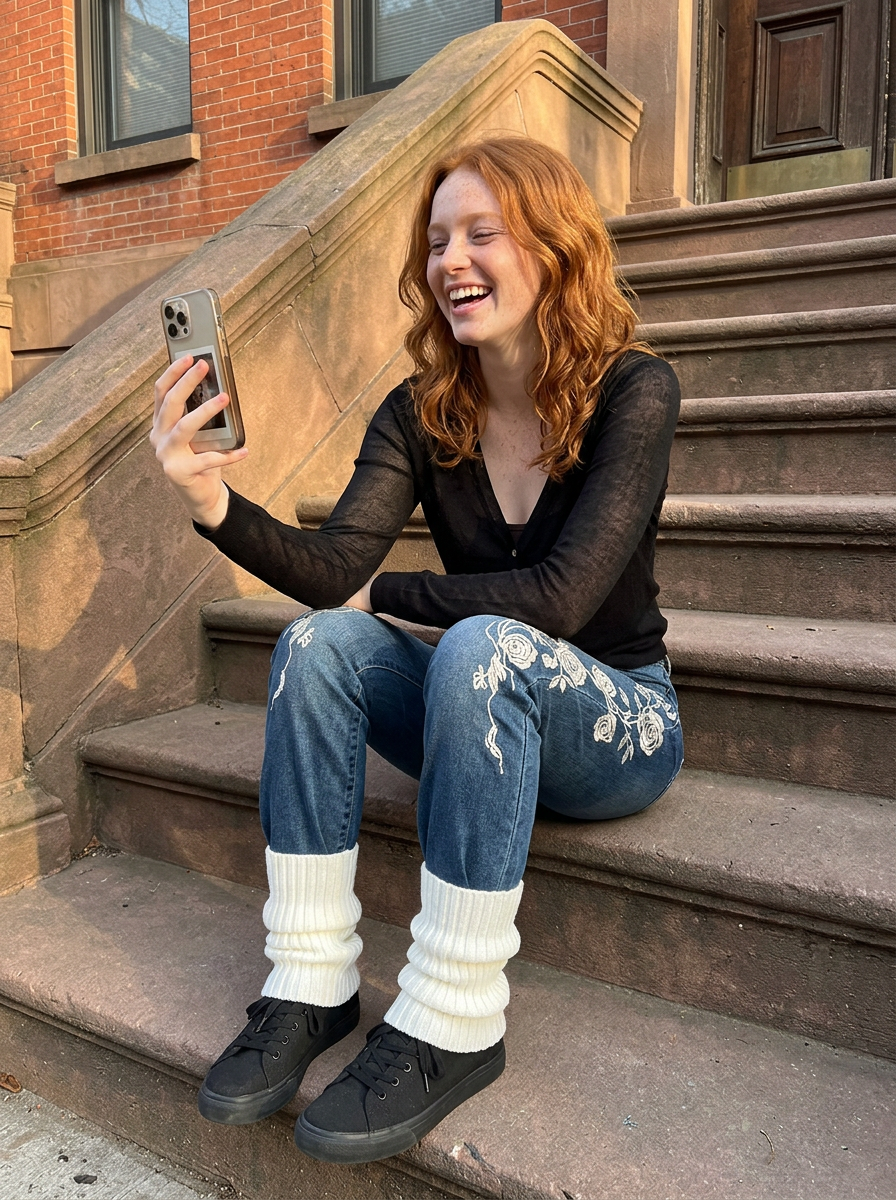 Shop the Look - Cool Casual Gen-Z Denim - Elowen Sheer Cardigan, Delphine Rose Flare Jeans, Nola Ribbed Leg Warmers
