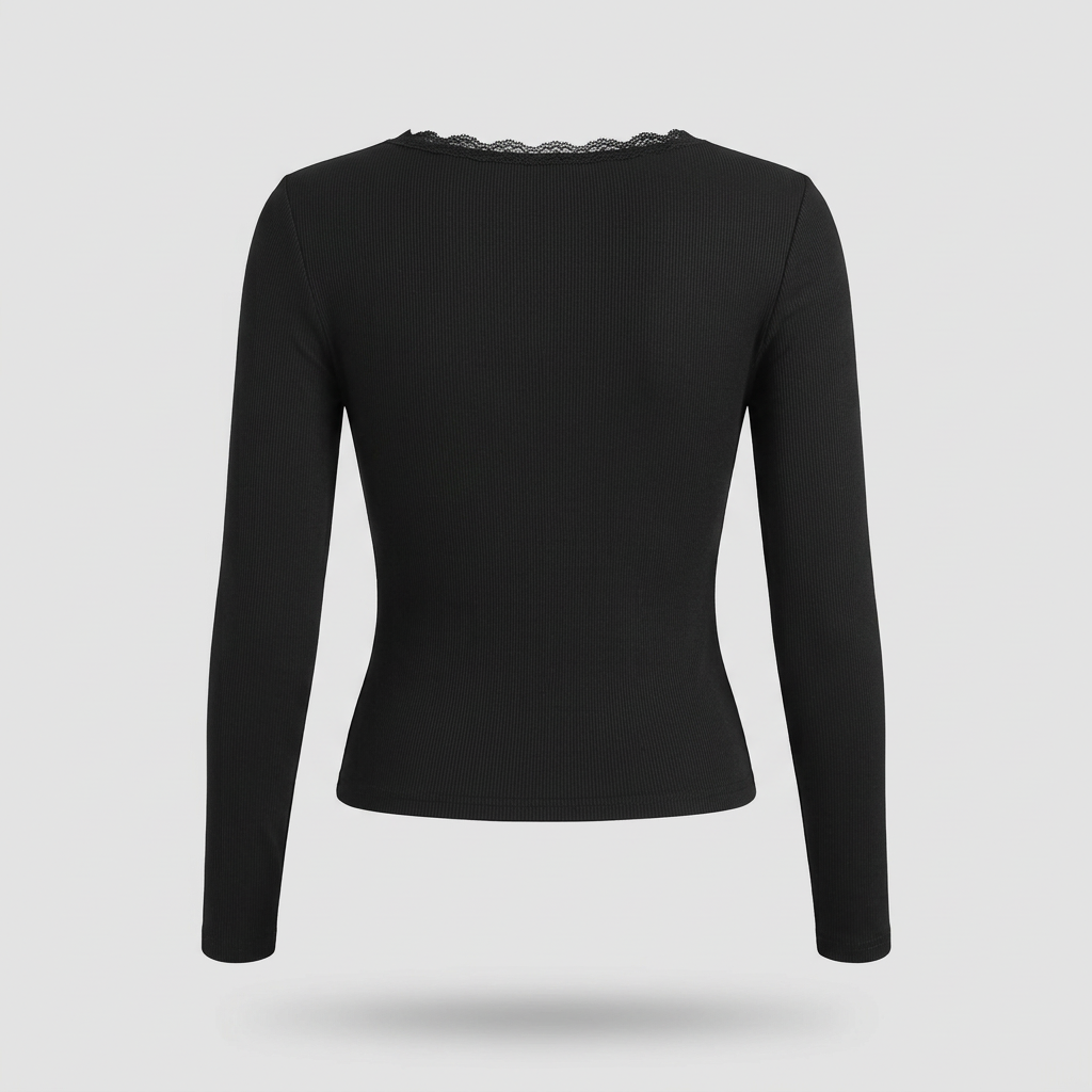 Lottie Lace-Trim Henley Top - Black - back