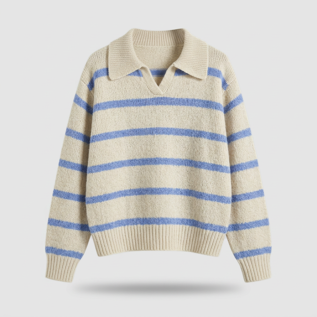 Maren Striped Knit Polo Sweater - Oatmeal/Blue - front