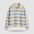 Maren Striped Knit Polo Sweater - Oatmeal/Blue - front
