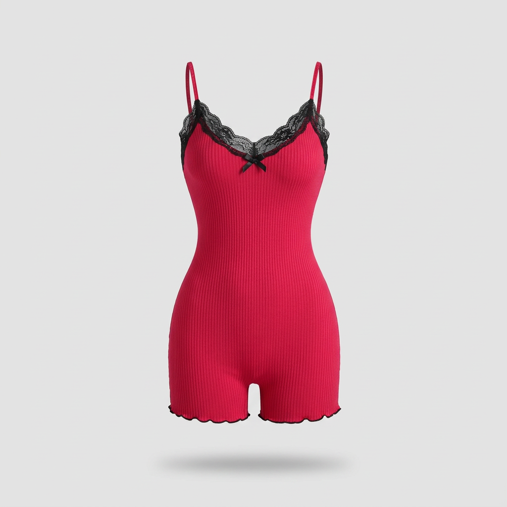 Mirabel Butterfly Lace Rib Romper - Cherry Red - front