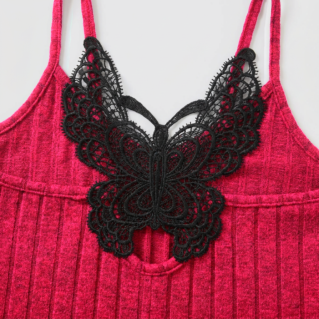 Mirabel Butterfly Lace Rib Romper - Cherry Red - detail