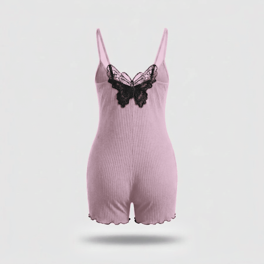 Mirabel Butterfly Lace Rib Romper - Mauve - back