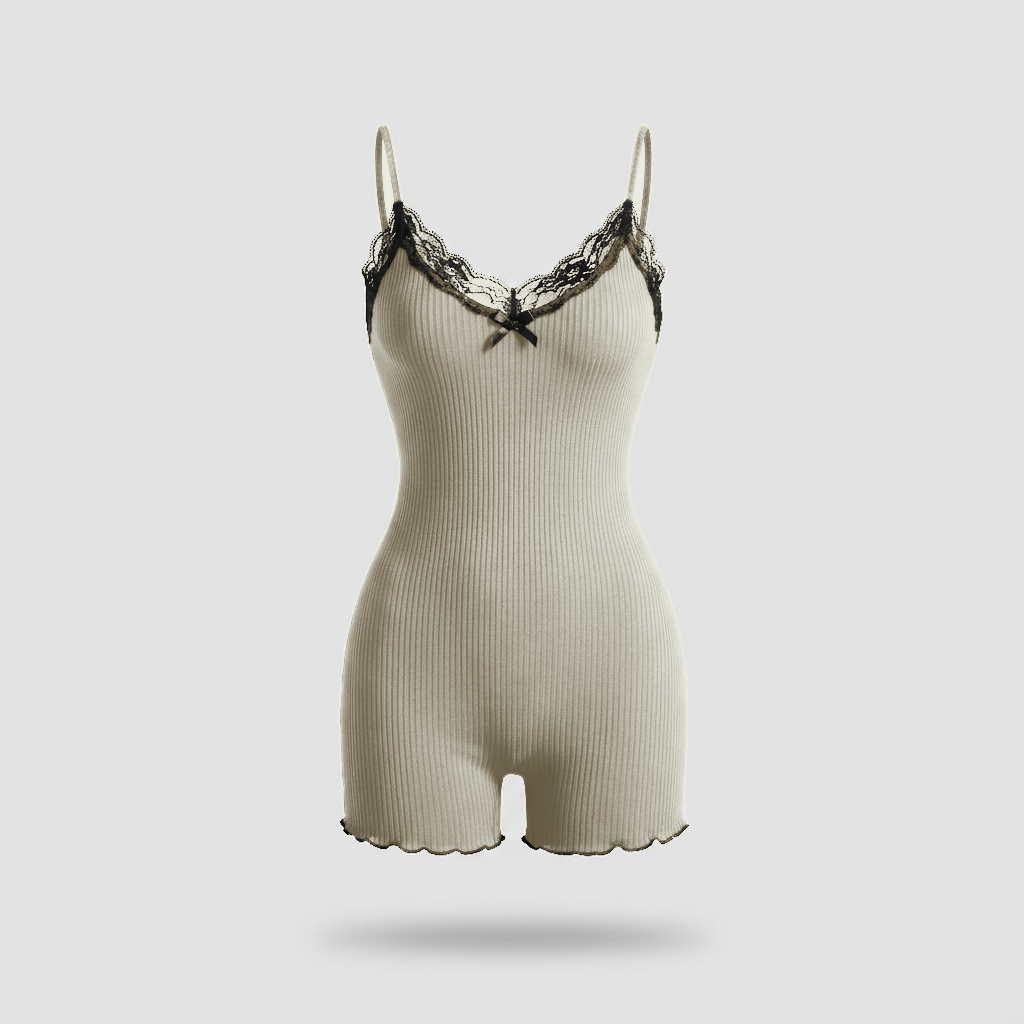 Mirabel Butterfly Lace Rib Romper - Oatmeal - front