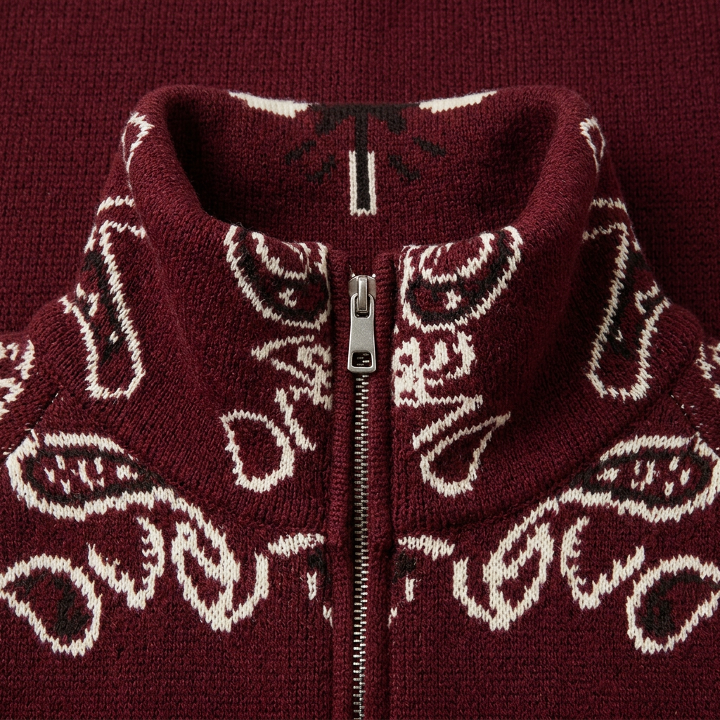 Sienna Bandana Knit Zip Cardigan - Burgundy - detail