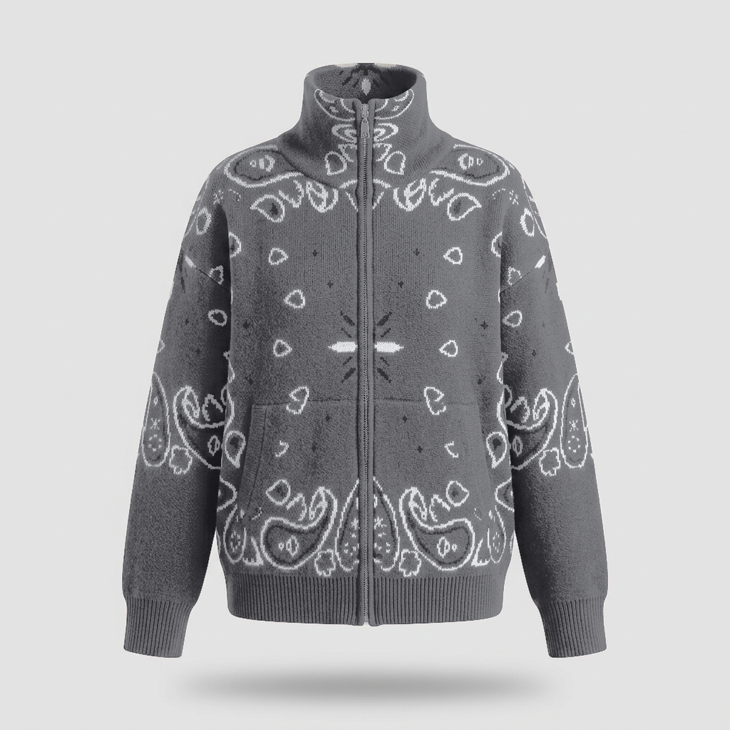 Sienna Bandana Knit Zip Cardigan - Charcoal - front