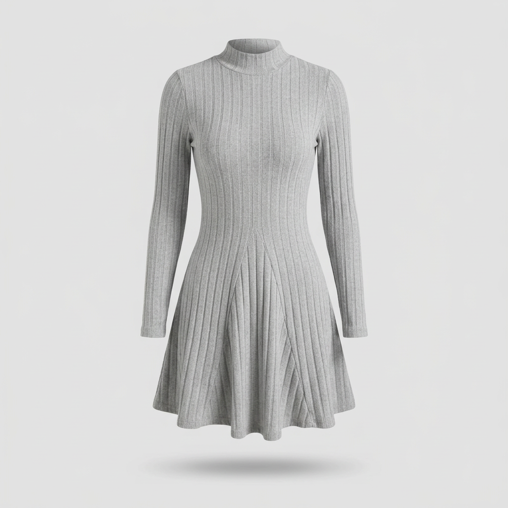 Sloane Ribbed Mock-Neck Skater Dress - Grey - front