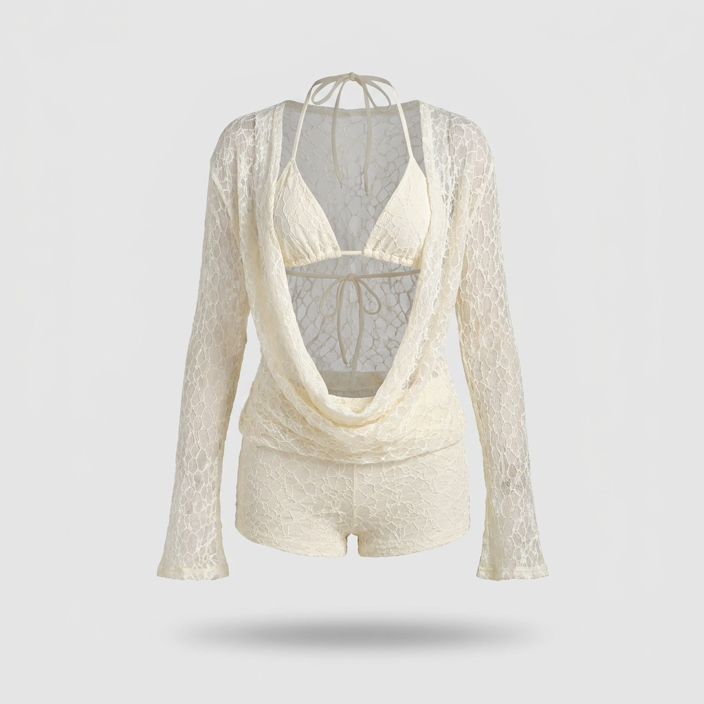 Solene Sheer Lace Three-Piece Set - Ivory - front