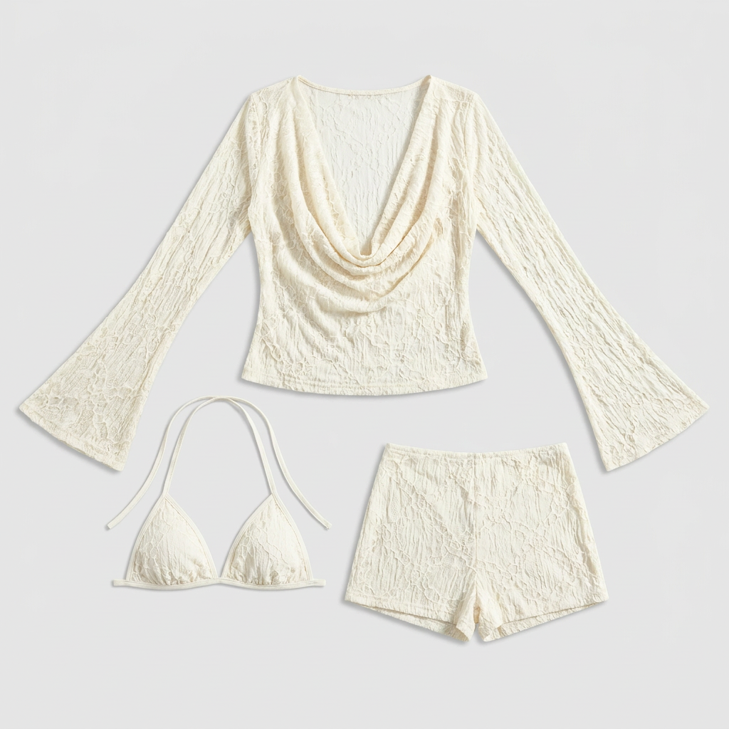 Solene Sheer Lace Three-Piece Set - Ivory - back