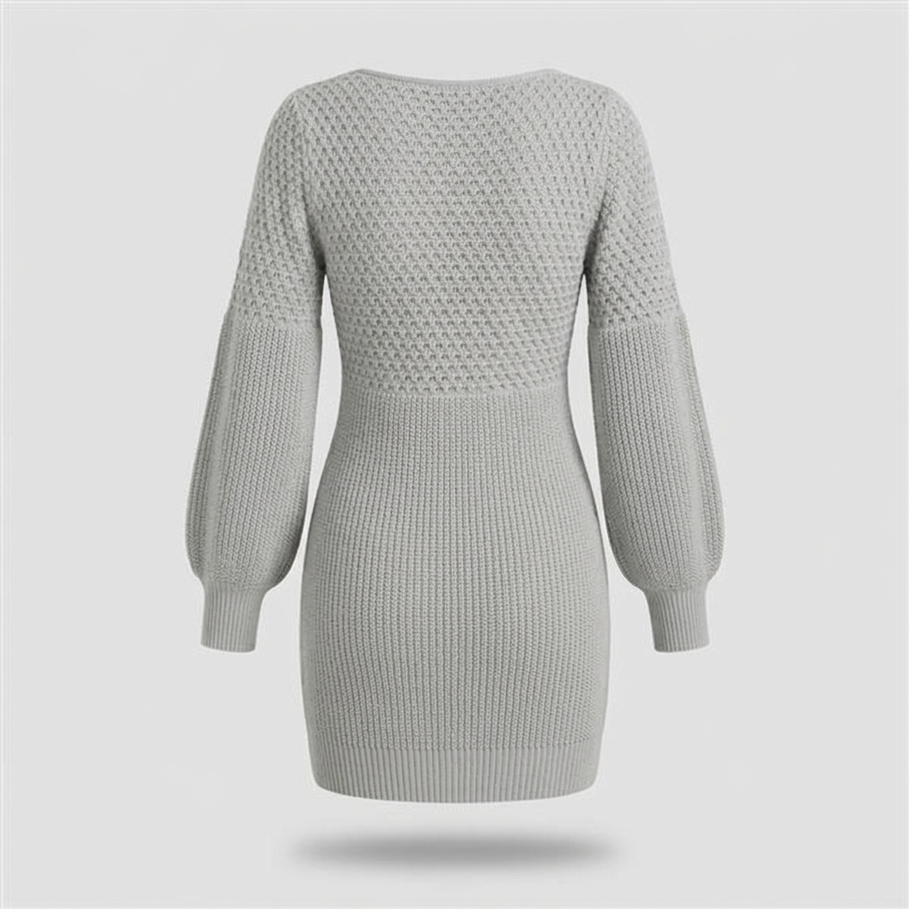 V-Neck Honeycomb Knit Mini Dress - Grey - back