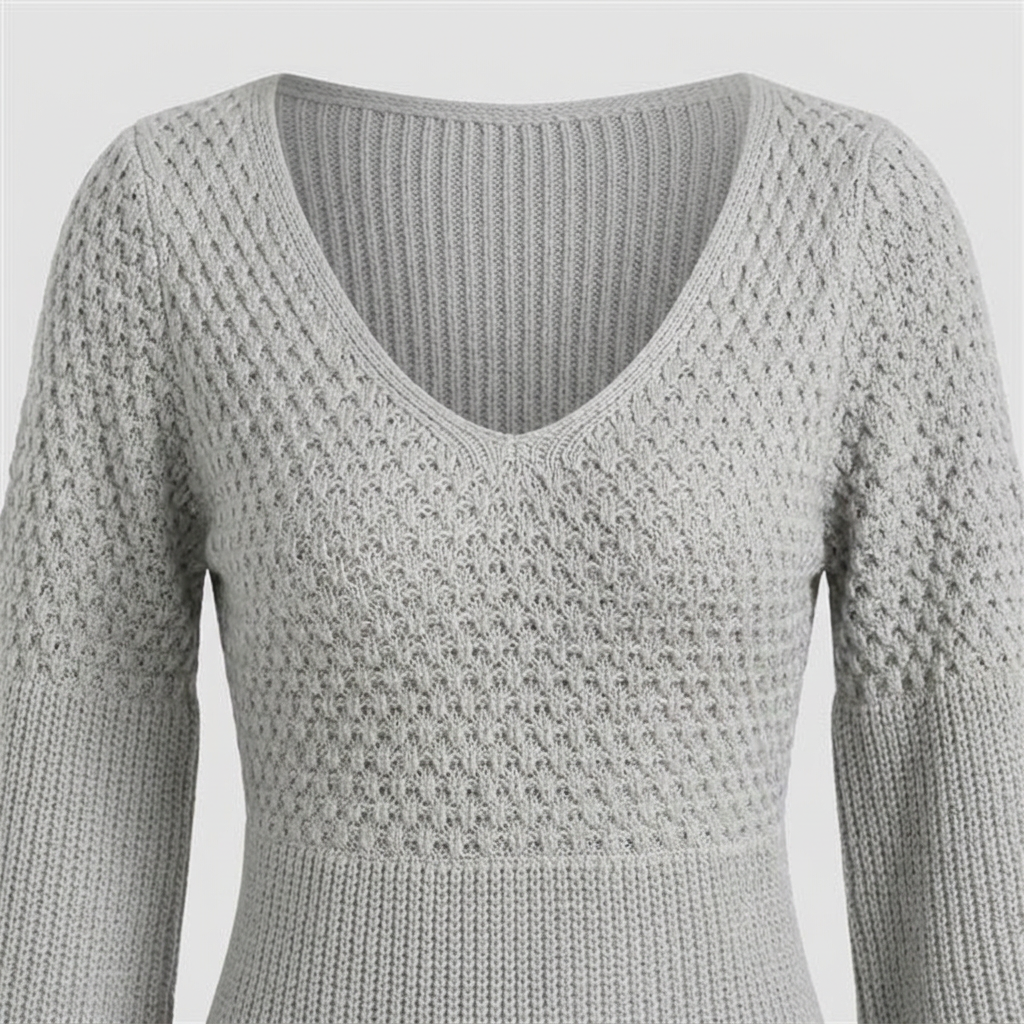 V-Neck Honeycomb Knit Mini Dress - Grey - detail